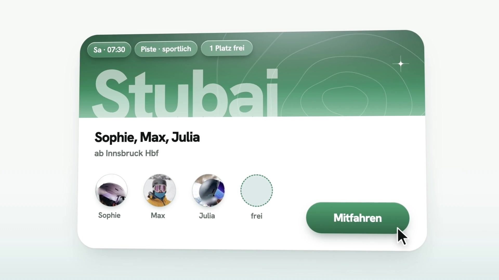 Eine animierte Mitfahrkarte für Stubai aus dem ersten Pistl-Launch-Video.